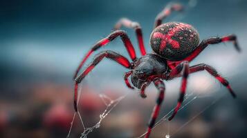 Close-up of a vibrant spider creating its web in a natural outdoor setting during daylight hours photo