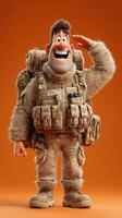 Cartoon character in military gear saluting against an orange background photo