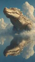 Majestic crocodile emerging from tranquil water surrounded by fluffy clouds at sunset photo