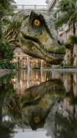Large dinosaur sculpture dominates indoor garden reflecting in calm water at a unique attraction photo