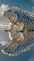 Unique lizard walking on wet sand by the ocean under a bright blue sky at sunset photo