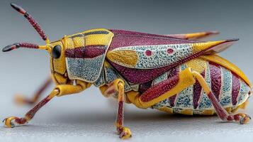 Colorful grasshopper observed in detail showcasing its vibrant pattern and structure in natural habitat during daylight hours photo