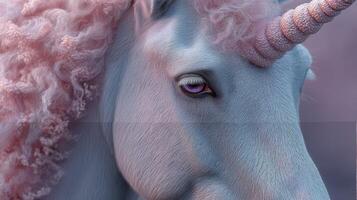 Magical unicorn with pastel pink mane gazing into the distance on a dreamy background during twilight hours photo