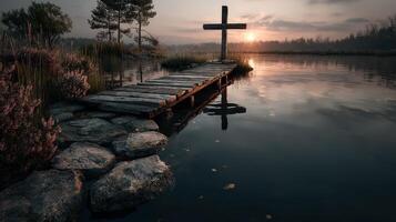 Peaceful lakeside dock at sunrise with a wooden cross and calm water reflecting the light photo