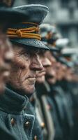 Veterans stand in formation during a solemn ceremony in a rain-soaked town square, honoring their service and sacrifice photo