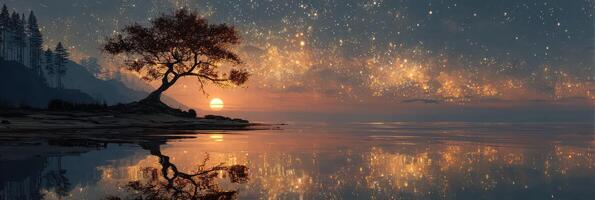 Sunset over calm water with starry sky reflecting in tranquil surroundings near a lone tree photo