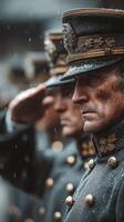 Soldiers in uniform salute during a solemn ceremony in the rain at a memorial site in a historic city square photo