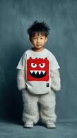 Playful child in fluffy outfit with monster design poses against textured backdrop photo