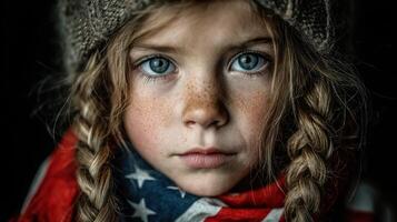 Young girl with striking blue eyes and braids wearing a scarf in front of a dark background during winter months photo