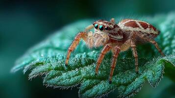 Close-up view of a spider perched on a wet green leaf in a natural setting during daylight photo