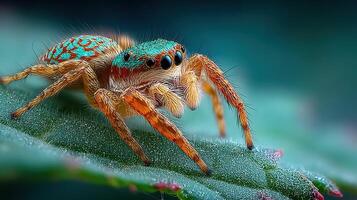 Colorful jumping spider perched on a green leaf in a close-up shot during daylight hours photo
