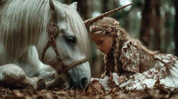 Young girl interacts with a unicorn in a mystical forest setting, showcasing a serene moment of connection photo