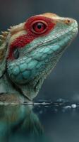 Vibrant close-up of a lizard emerging from the water, showcasing its striking colors and intricate textures along the shoreline at dawn photo
