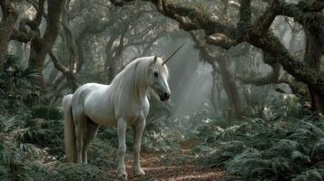 Mystical unicorn standing in a foggy enchanted forest filled with greenery and sunlight filtering through ancient trees photo