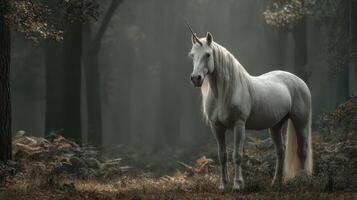 White unicorn standing majestically in a misty enchanted forest during early morning light photo