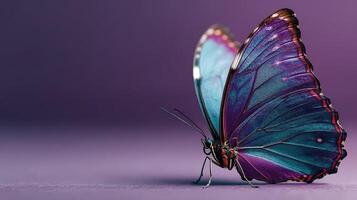 Colorful butterfly rests elegantly on a surface displaying vibrant blue and purple wings in soft lighting photo