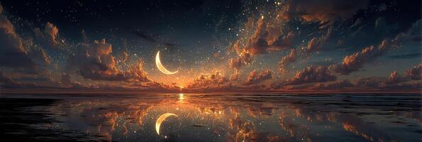 Stunning twilight over the ocean with crescent moon and clouds reflecting on calm water photo