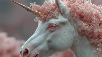 Whimsical unicorn with floral mane in a serene enchanted forest during twilight hours photo