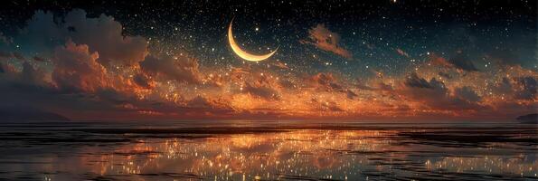 Serene twilight over water with crescent moon and starry sky reflecting on calm surface photo