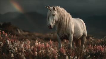 Majestic white unicorn standing in a colorful flower field under a dramatic sky at sunset photo