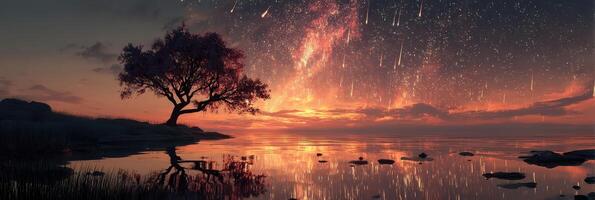 Stunning night sky with shooting stars over tranquil lake at sunset photo