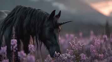 Majestic black unicorn grazing in a field of purple flowers during twilight in a serene mountain landscape photo