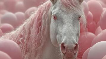 Majestic white horse with pink mane surrounded by soft pink balloons in whimsical setting photo