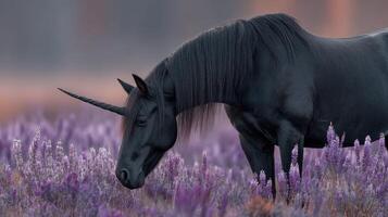 Black unicorn grazing in a field of lavender during twilight hours photo