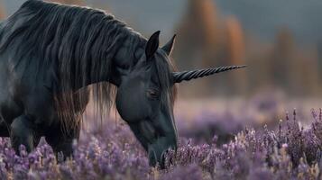Majestic black unicorn grazing in a lavender field during golden hour light photo