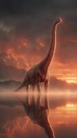 Majestic dinosaur stands tall in tranquil waters during a vibrant sunset in a prehistoric landscape photo