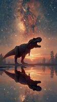Dinosaur silhouette against a starlit sky with reflections on water at sunset photo