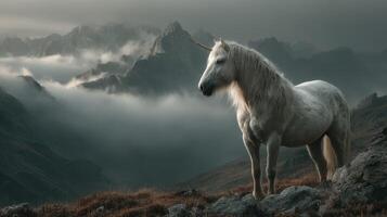 Majestic white unicorn standing on rocky terrain with misty mountains in the background during twilight hours photo