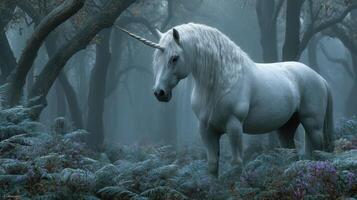 Magical unicorn stands in a misty forest surrounded by ferns and trees at dawn photo