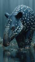 Striking spotted tapir wades through a tranquil forest pool during a rain shower in the early morning light photo