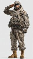 Soldier in desert camouflage uniform salutes with utmost respect in a studio setting photo