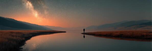 Starlit reflection in a serene river landscape during twilight in nature's peaceful embrace photo