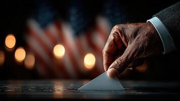 Voter casting ballot in front of American flag during election night photo