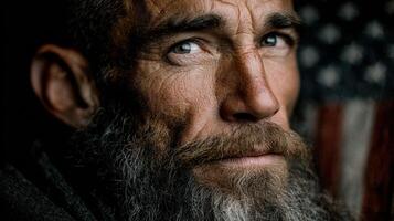 Portrait of an older man with a beard wearing a black coat against a background featuring the American flag photo