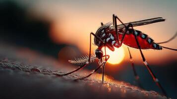 Close-up view of a mosquito feeding at sunset in a natural environment photo