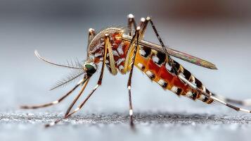 Close-up view of a mosquito showcasing its intricate details and patterns on a soft background photo