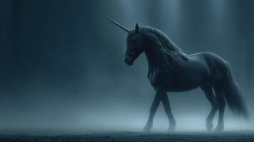 Mysterious unicorn walking through fog in a dimly lit forest at twilight photo