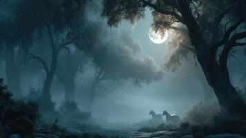 Mysterious forest at night with unicorns grazing under a full moon photo
