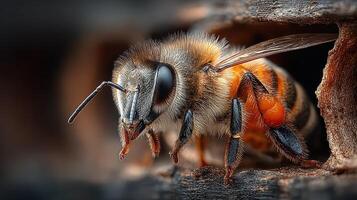Close-up view of a honeybee emerging from its nest during daylight hours in a natural environment photo