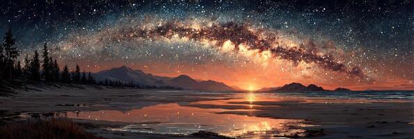 Breathtaking view of the Milky Way over a tranquil lake during sunset in the mountains photo