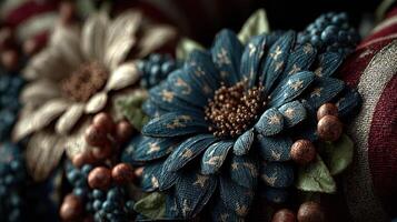 Decorative fabric flowers with intricate designs in blue and beige on a textured background photo