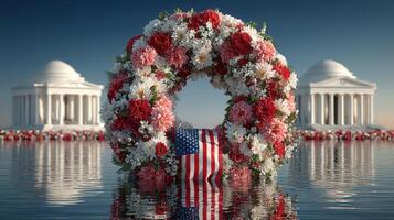 Colorful floral wreath with American flag reflected in water near monuments at sunset photo