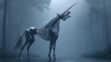 Elegant skeletal unicorn standing proudly in a misty forest at twilight, embodying a blend of fantasy and artistry photo