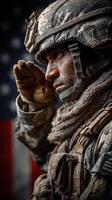 Soldier saluting proudly in front of a tattered flag during a solemn military ceremony in a midday setting photo