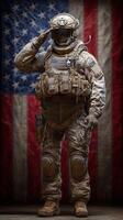 Soldier saluting in combat gear against a backdrop of the American flag during a somber moment of respect photo