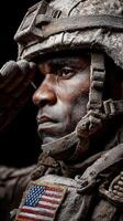 Soldier saluting with determination in a dusty environment, showcasing resilience and honor during deployment photo